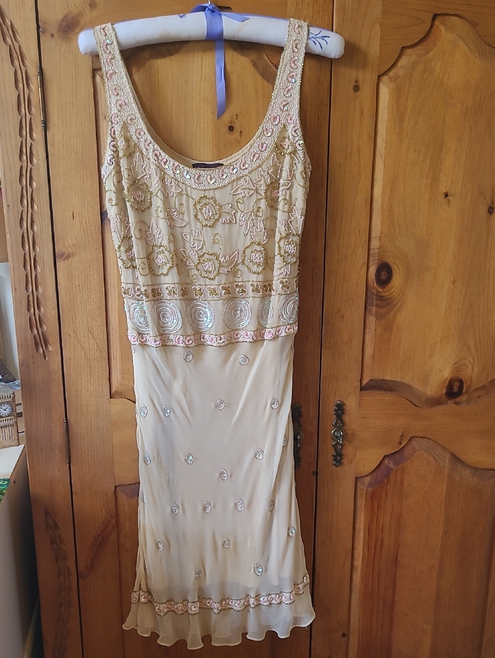 MARINA Cream Beaded Sleeveless Midi Dress with Gold Embroidery.  Silk.